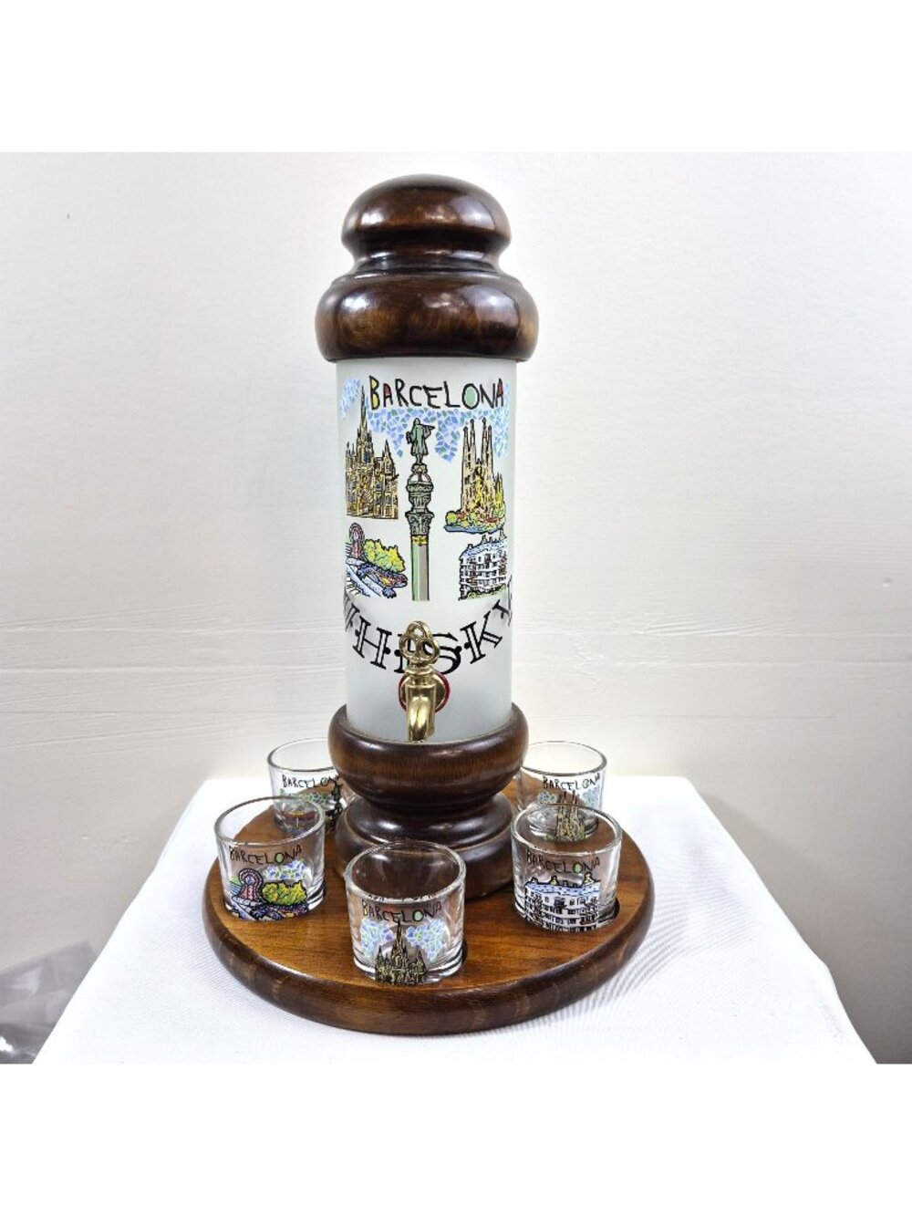 Vintage Barcelona Souvenir Liquor Despenser Set 6 Shot Glasses Wood Base